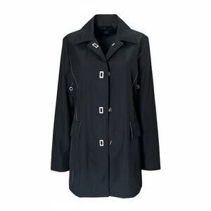 Platinum Black classic coat Women’s Sz M Mid-Length Pockets grommets accents